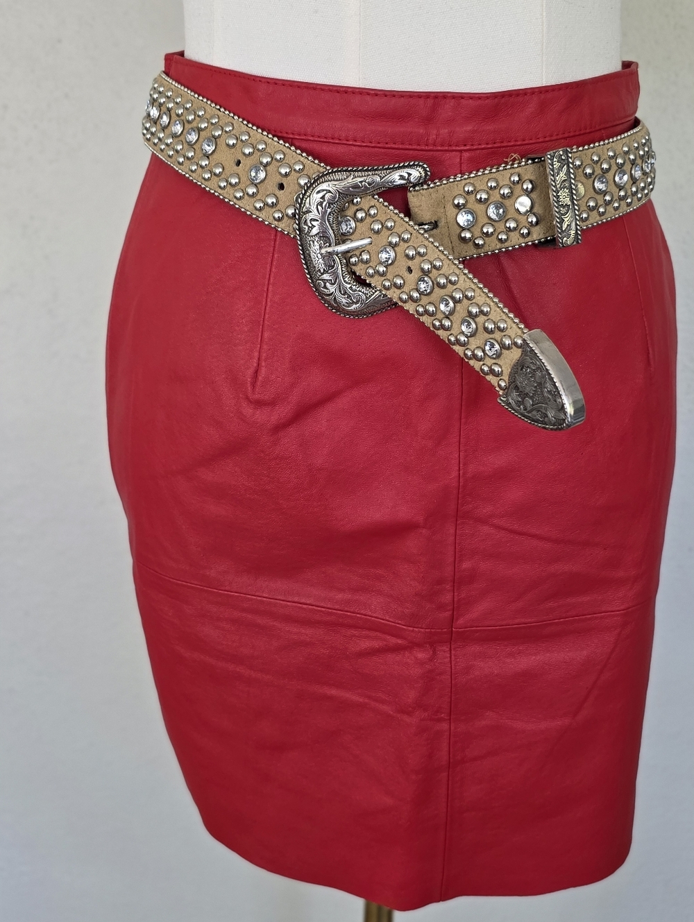 Vintage Western Studded Leather Belt Rhinestone Silver Buckle Boho Y2K S/M - Picture 8 of 11